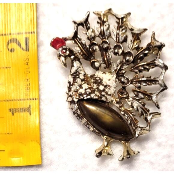 Turkey Brooch Pin 2" Goldtone White Enamel Holiday Thanksgiving Xmas Vintage - Picture 4 of 5